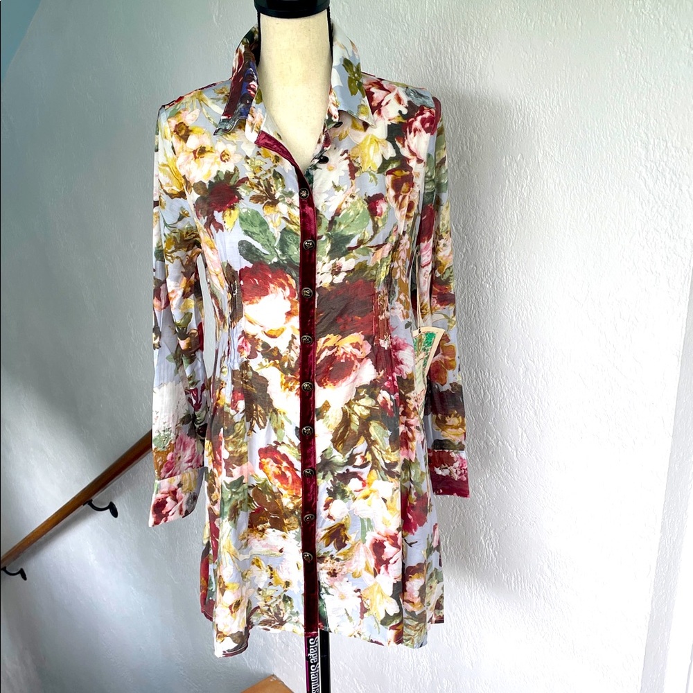 Aratta NWT Silent Journey Floral Silk Blend L/S Floral Tunic Shirt Dress Small
